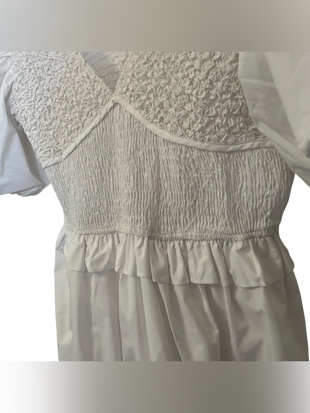 AUREUM Womens Smocked Puff Sleeve Mini Dress Sz Medium White Lined V Neck - Picture 4 of 10